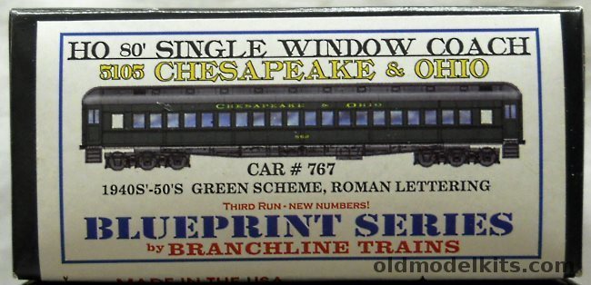 Branchline Trains 1/87 Blueprint Series HO Heavyweight Passenger Coach 80 Foot Single Window Chesapeake & Ohio (C&O) Car #767 1940s/1950s, 5105-767 plastic model kit